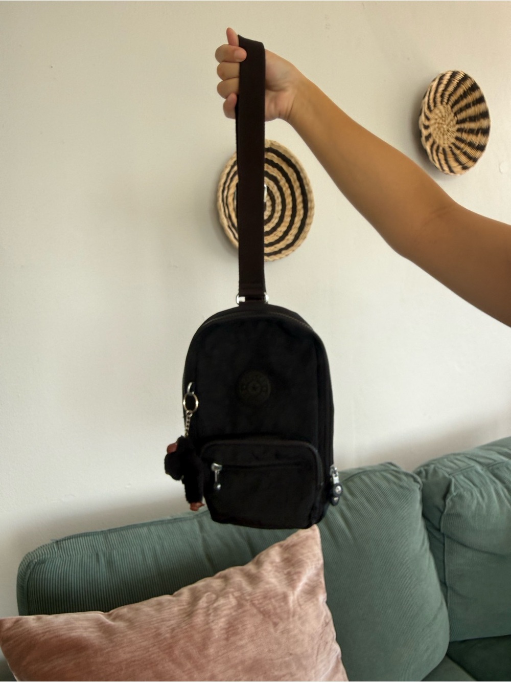 Kipling Black Compact Crossbody Sling Bag with Monkey Charm